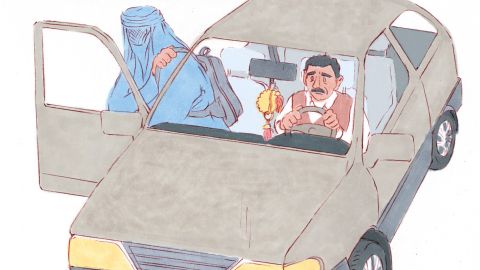Illustration: eine Frau in Burka steigt aus einem Auto aus, welches von einem Mann gefahren wird