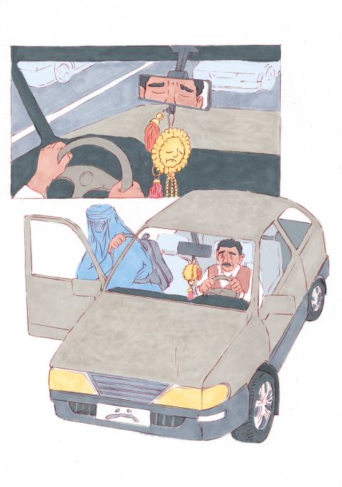 Illustration: eine Frau in Burka steigt aus einem Auto aus, welches von einem Mann gefahren wird