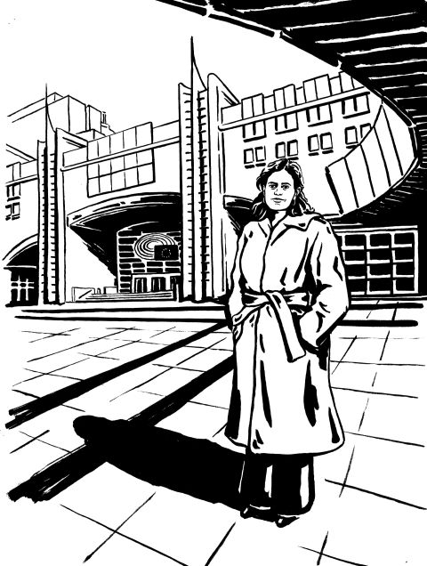 Illustration: Frau vor dem Europaparlament in Brüssel