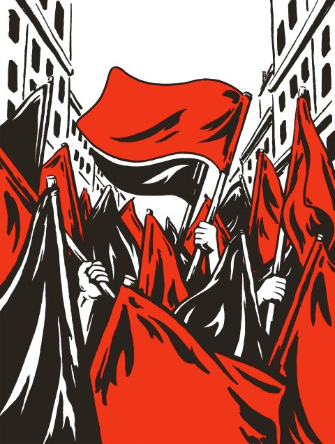 Illustration: Rote Fahnen an einer Demonstration