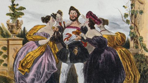 Illustration von 1830: mehrere Frauen umringen einen Mann