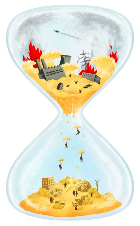 Illustration: Eine Sanduhr, bei welcher im oberen Glaskolben Menschen, Fahrzeuge, Strommasten, Gebäude und Fabriken im Sand versinken. Im unteren Glaskolben sind Menschen zu sehen, welche mit Fallschirmen sicher in einer intakten Umgebung mit Häusern, Natur, einem Zelt und einem Windrad landen.