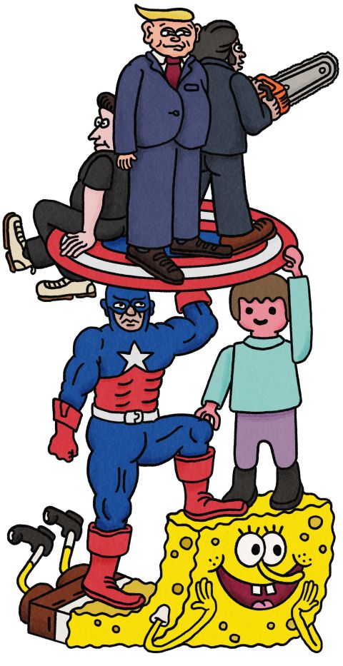 Donald Trump, Elon Musk und Javier Milei stehen auf einem Schild welches von Spielfiguren getragen wird