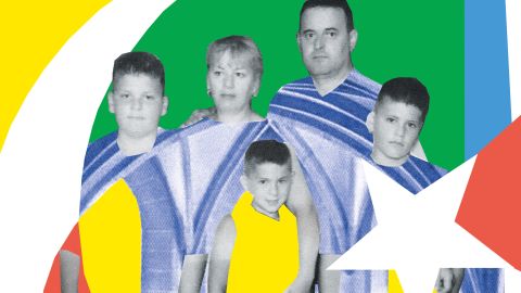 Illustration: Kollage von Portraitfotos mit ausgeschnittenen Gesichtern