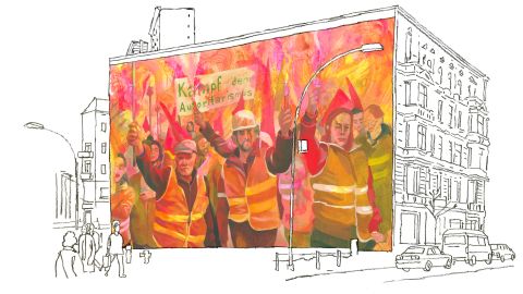 Illustration von Andreas Gefe: Menschen unterwegs vor einem Wandbild welches streikende Bauarbeiter zeigt