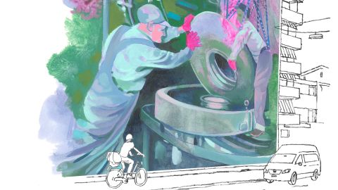Illustration von Andreas Gefe: Strassenverkehr vor einem Wandbild, welches Industriearbeiter zeigt