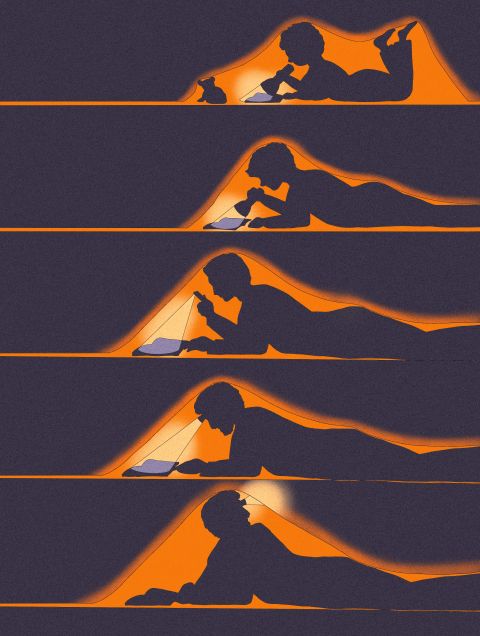 Illustration von Julia Demierre: mehrere Personen lesen ein Buch heimlich unter der Bettdecke