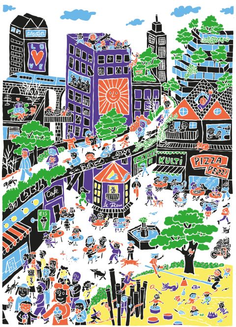 Illustration von Serafine Frey: eine bevölkerte Stadt