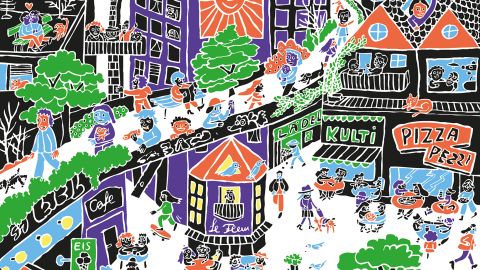 Illustration von Serafine Frey: eine bevölkerte Stadt