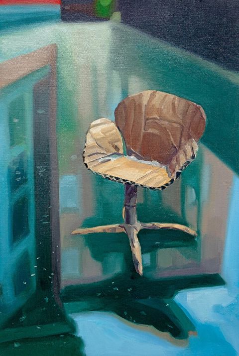 Maria und Natalia Petschatnikov, Reflections (aus der Serie Cardboard Furniture), 2024, Öl auf Leinwand, 24 × 30 cm