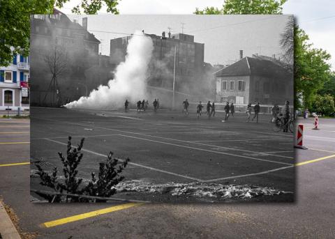Fotomontage: Tränengaseinsatz auf dem Carparkplatz beim Zürcher AJZ im Jahr 1980 (über einem aktuellen Bild des Carparkplatz)