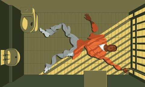 Illustration: Jugendlicher welcher in einer Gefängniszelle am Boden liegt