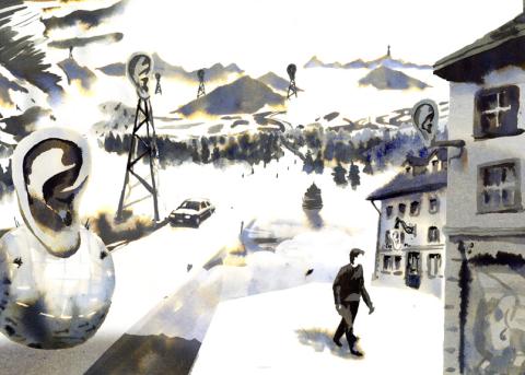 Illustration mit grossen Ohren überall in der Landschaft