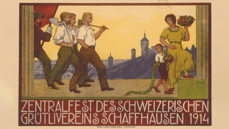 Grafik von 1914 für das Zentralfest des Schweizerischen Grütlivereins in Schaffhausen: mehrere Arbeiter mit einer Fahne und eine Frau mit Kind vor der Festung Munot