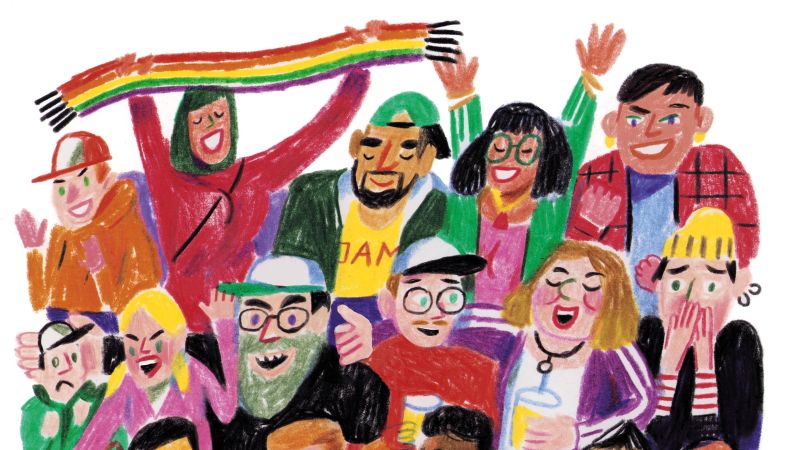 Illustration von Luigi Olivadoti: eine fröhliche Fussball-Fan-Gemeinschaft