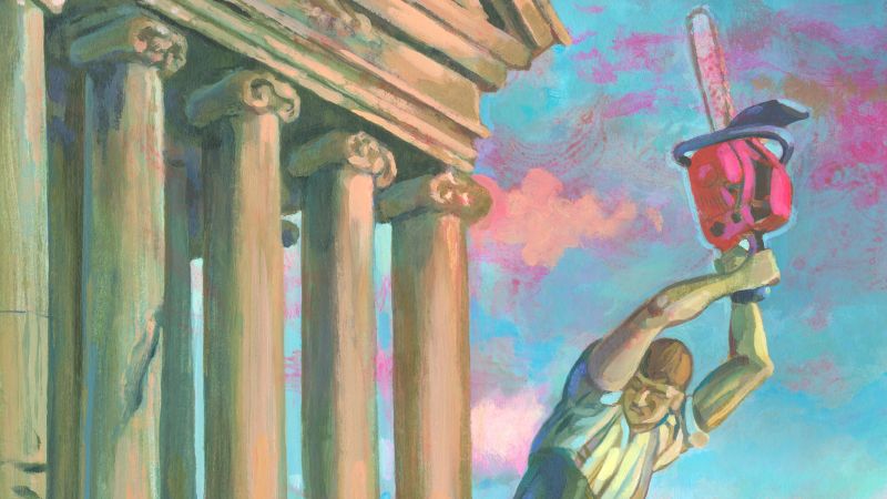 Illustration von Andreas Gefe: ein Mann mit Kettensäge zerstört die Säulen eines Gebäudes