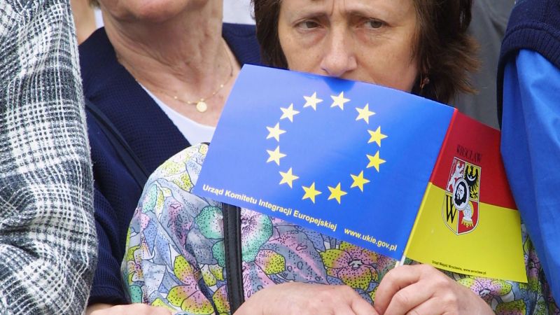 eine Person mit einem EU-Fähnchen