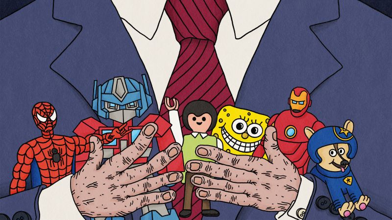 Illustration von Dario Forlin: Donald Trump hält Spielfiguren in den Händen