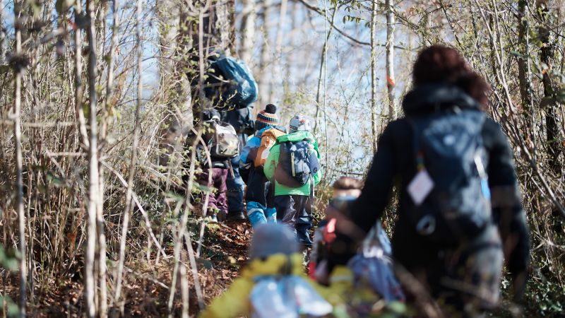 Kinder und Betreuer:innen der Spielgruppe Bürzelbaum unterwegs im Wald ob Näfels