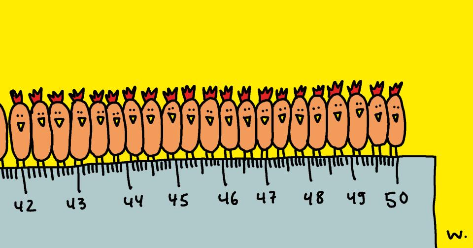 Cartoon von Ruedi Widmer: Hühner welche eng zusammengequetscht auf einem Lineal sitzen