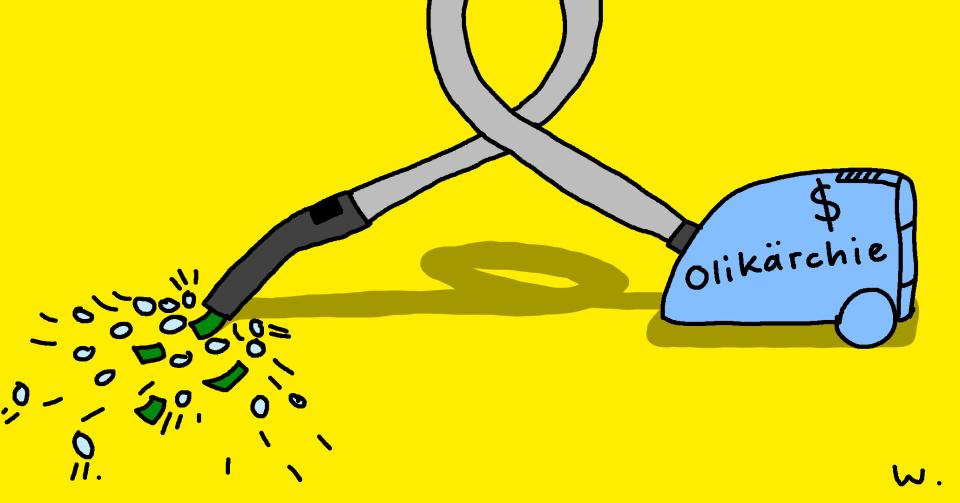 Cartoon von Ruedi Widmer: Ein Staubsauger mit dem Aufdruck «Olikärchie» saugt Geld ein