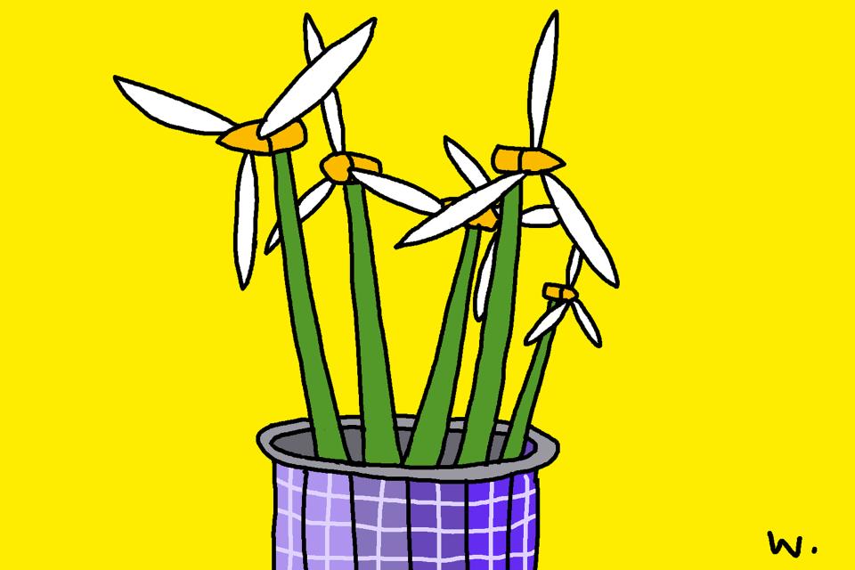 Illustration von Ruedi Widmer: Windräder und Solarzellen zu einem Blumentopf mit Blumen arrangiert