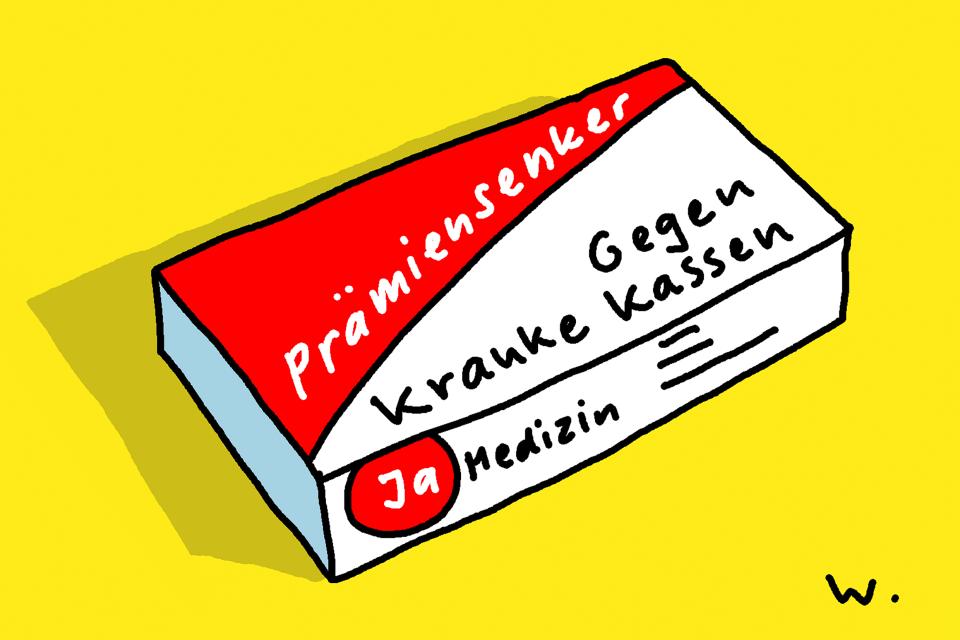Illustration von Ruedi Widmer: Medikamentenschachtel mit der Aufschrift «Prämiensenker gegen kranke Kassen»