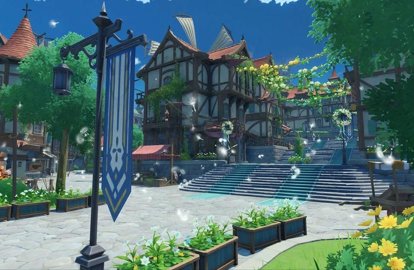 Szene aus dem Game «Genshin Impact»: das Stadtinnere von Mondstadt 