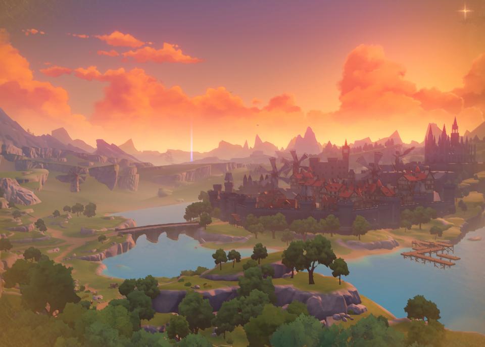 Szene aus dem Videospiel «Genshin Impact»: Landschaft mit Seen, Bergen und einer Stadt
