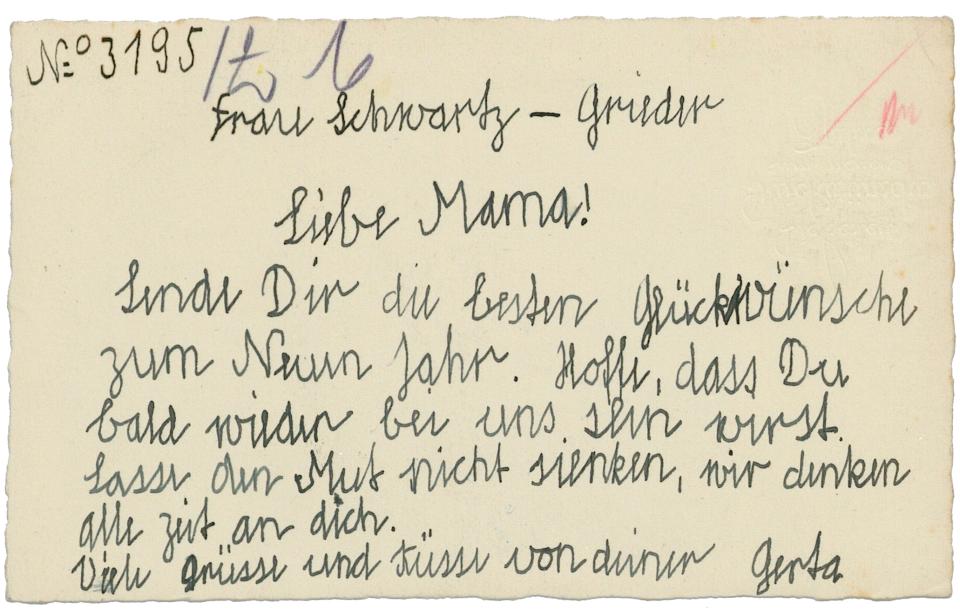 Rückseite einer Neujahrskarte eines Brief von Tochter Gerta an Martha Schwarz