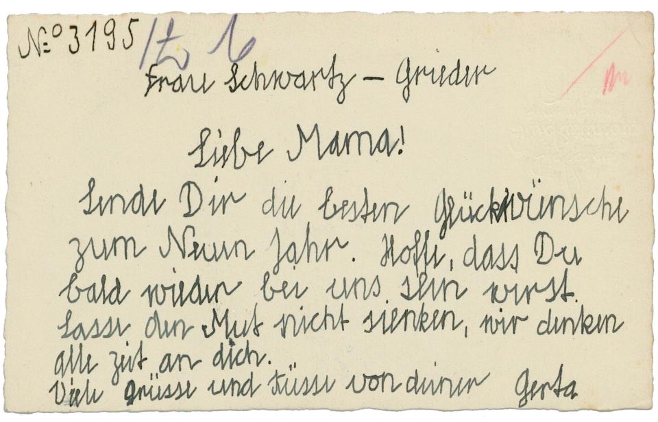 Rückseite einer Neujahrskarte eines Brief von Tochter Gerta an Martha Schwarz