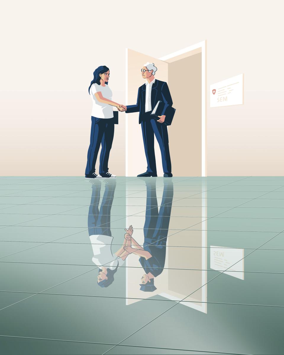 Illustration: 2 Personen vor der Eingangstüre eines SEM-Büro