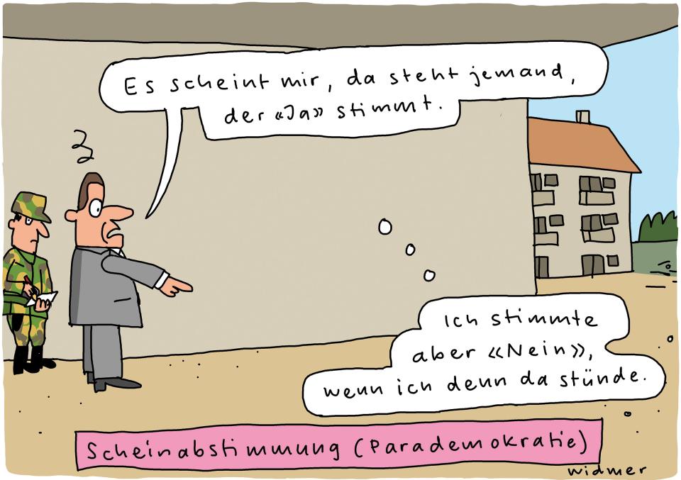 Comic von Ruedi Widmer – Legende dazu: Scheinabstimmung (Parademokratie): Ein Mann zeigt auf eine nicht vorhandene Person: «Es scheint mir, da steht jemand, der ‹Ja› stimmt.» Unsichtbare Person denkt: «Ich stimmte aber ‹Nein›, wenn ich denn da stünde.»