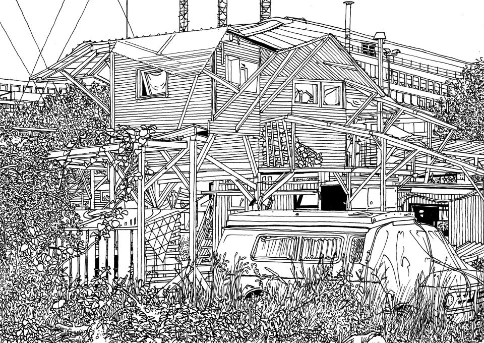 Illustration von Ingo Giezendanner, grrrr.net: Wohngebäude auf Stelzen und Wohnbus auf dem Kochareal