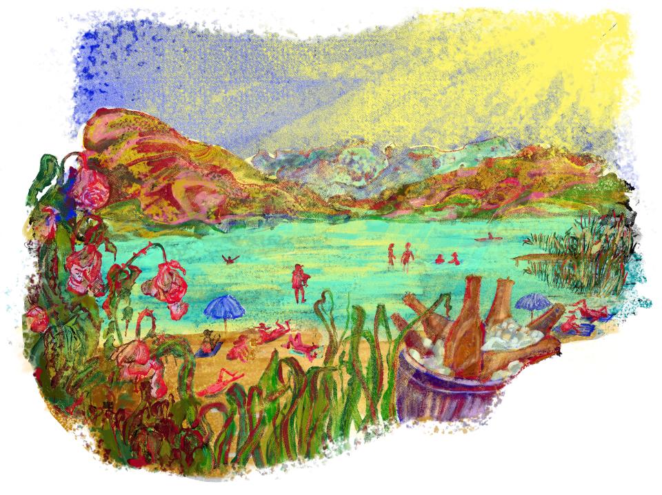 Illustration von Franziska Meyer: Landschaft mit See und badenden Menschen, im Vordergrund Blumen und ein Kübel mit gekühlten Getränken