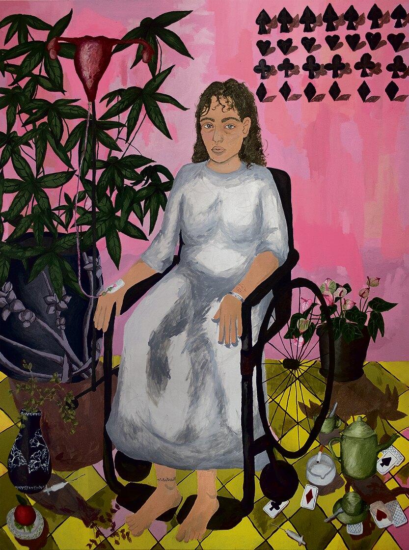 Gemälde: Lunita-July Dorn, Ich häng an meiner Gebärmutter, 2020, Acryl auf Leinen, 200 × 140 cm