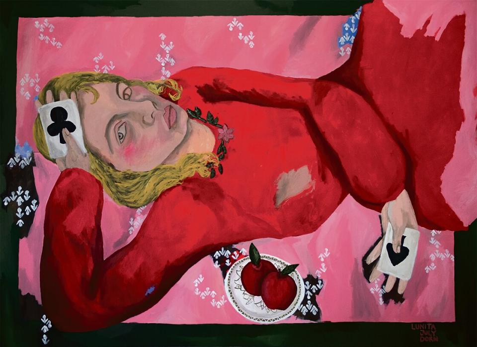 Gemälde: Lunita-July Dorn, Liegend auf Tomatendosen, 2020, Acryl auf Leinen, 135 × 185 cm