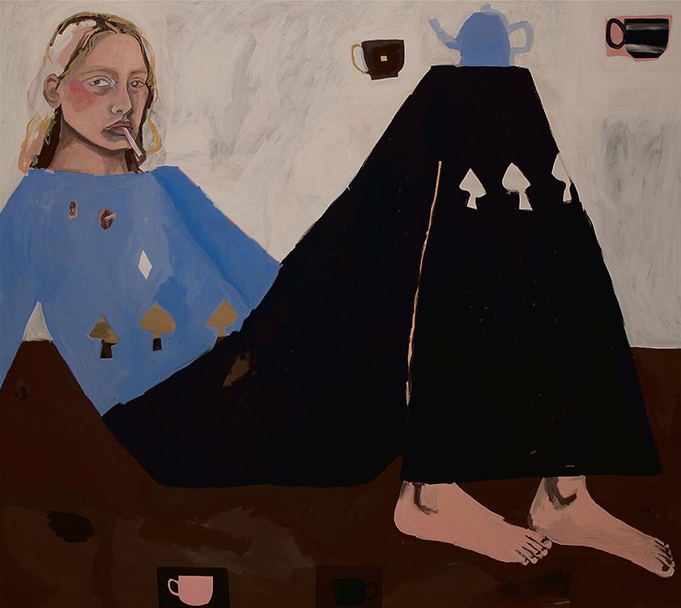 Gemälde: Lunita-July Dorn, Darauf trink ich einen, 2022, Acryl auf Leinen, 180 × 200 cm