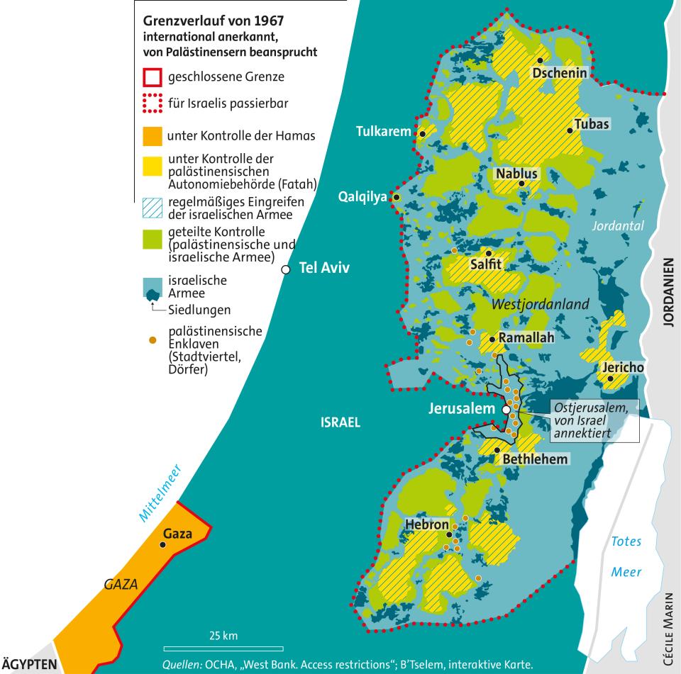 Karte des Grenzverlauf im Westjordanland von 1967