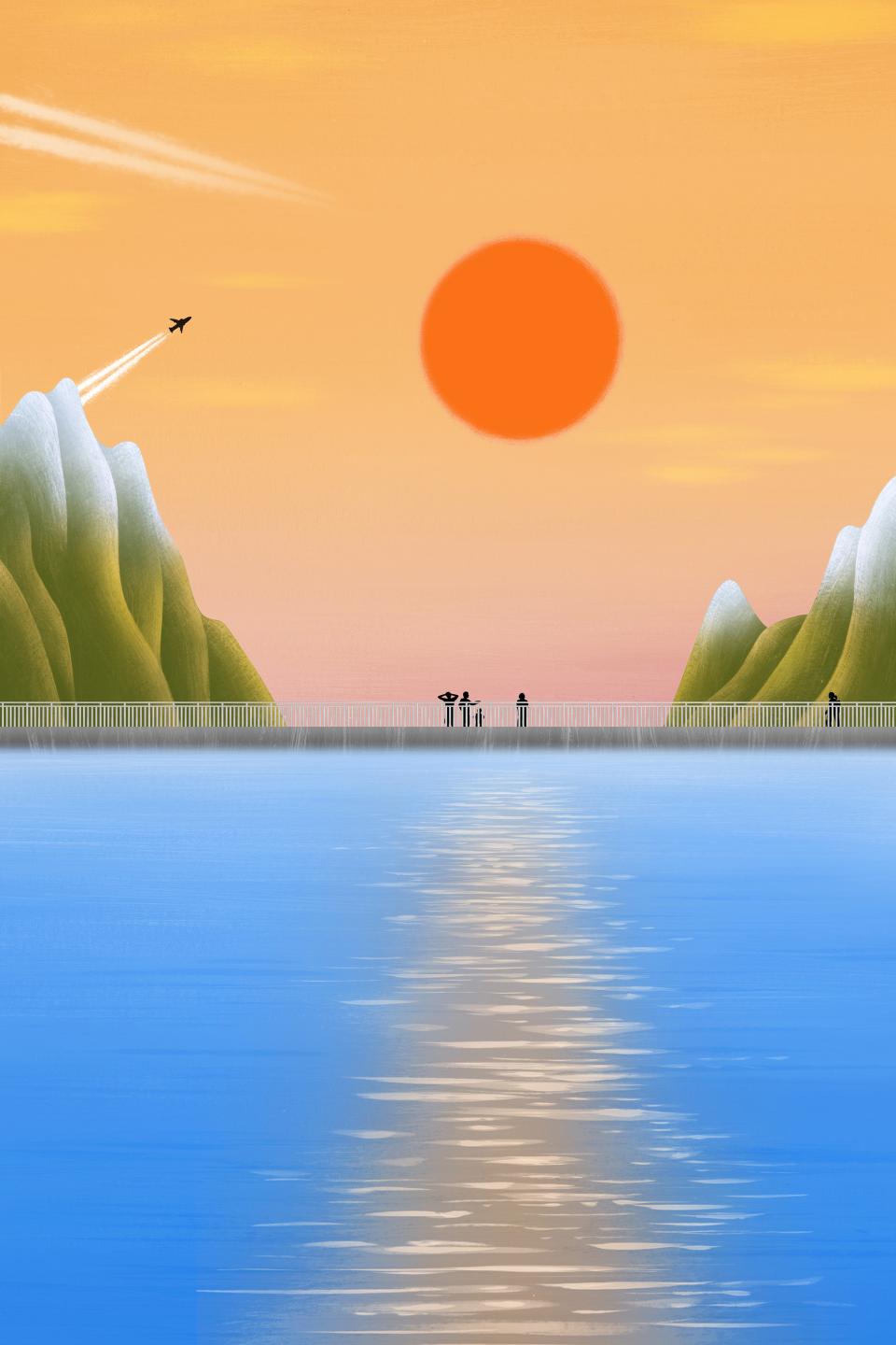 Illustration: ein gefülltes Staudammbecken mit Personen welche auf der Staudammkrone stehen, im Hintergrund eine Bergkette, die Sonne und ein Flieger am Himmel, welcher Kondensstreifen hinterlässt