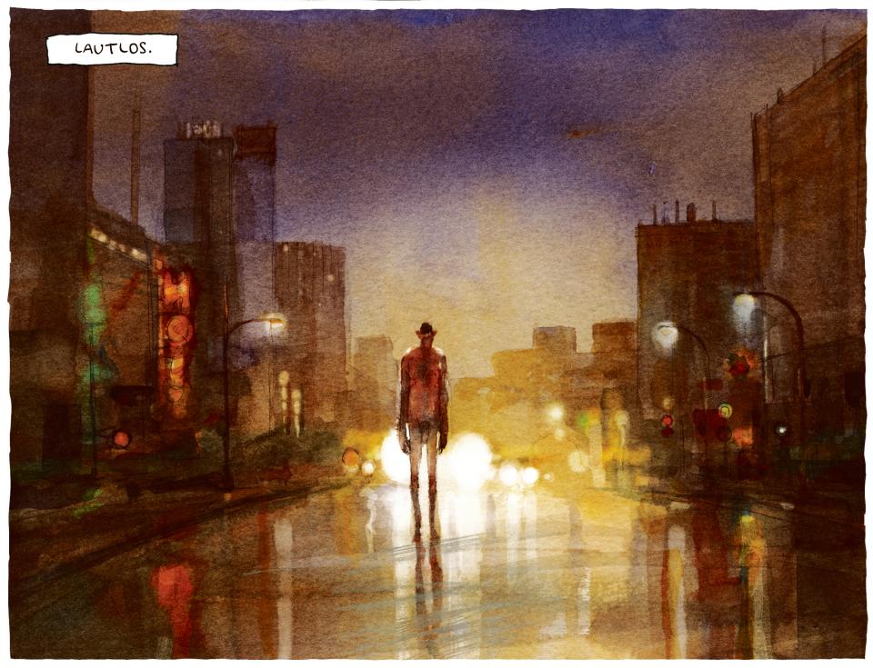 Comiczeichnung aus «Eine Geschichte»: Eine nackte Figur läuft durch die Strassen einer Stadt