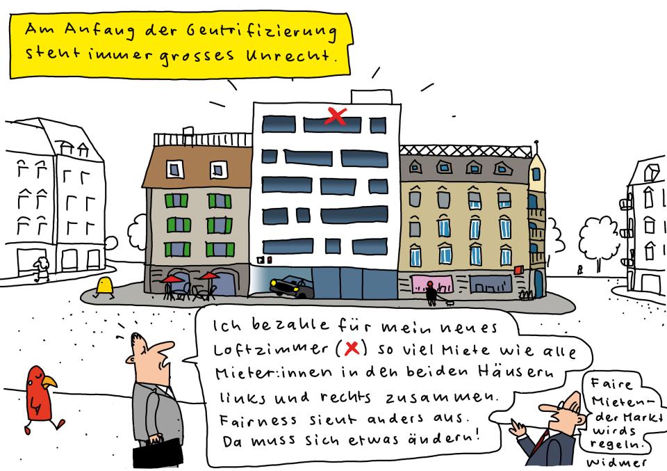 Cartoon von Ruedi Widmer zu Gentrifizierung