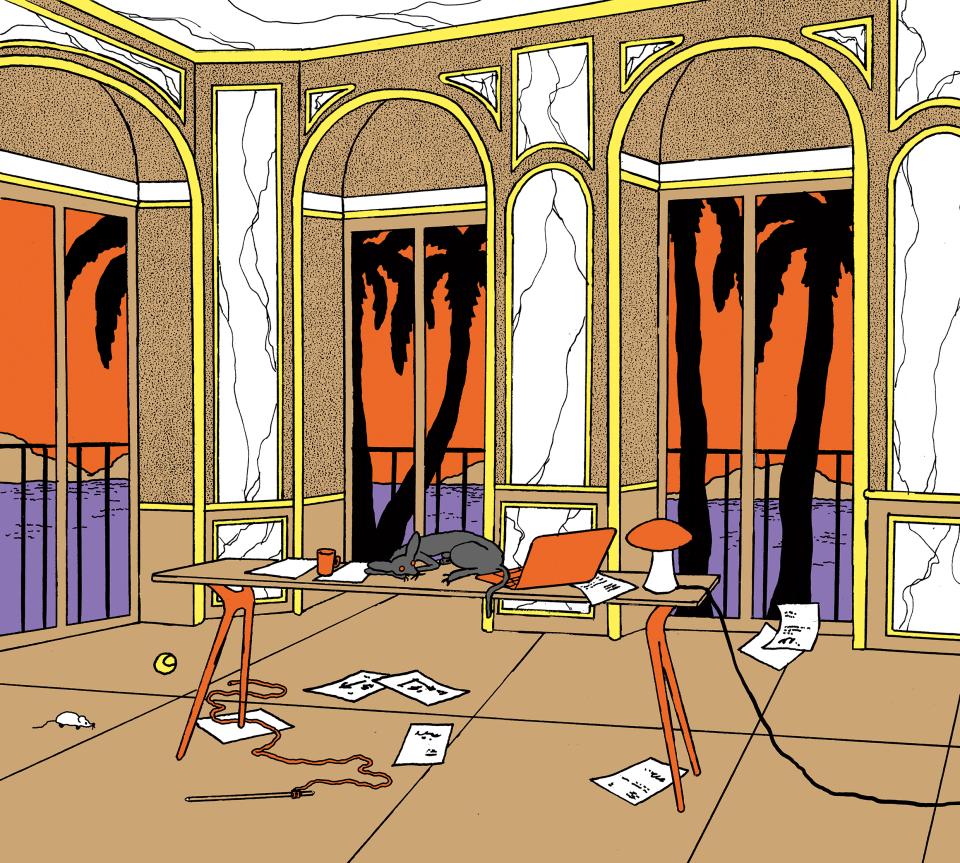 Illustration: ein verlassenes Arbeitszimmer mit Ausblick durchs Fenster auf Palmen und Meer