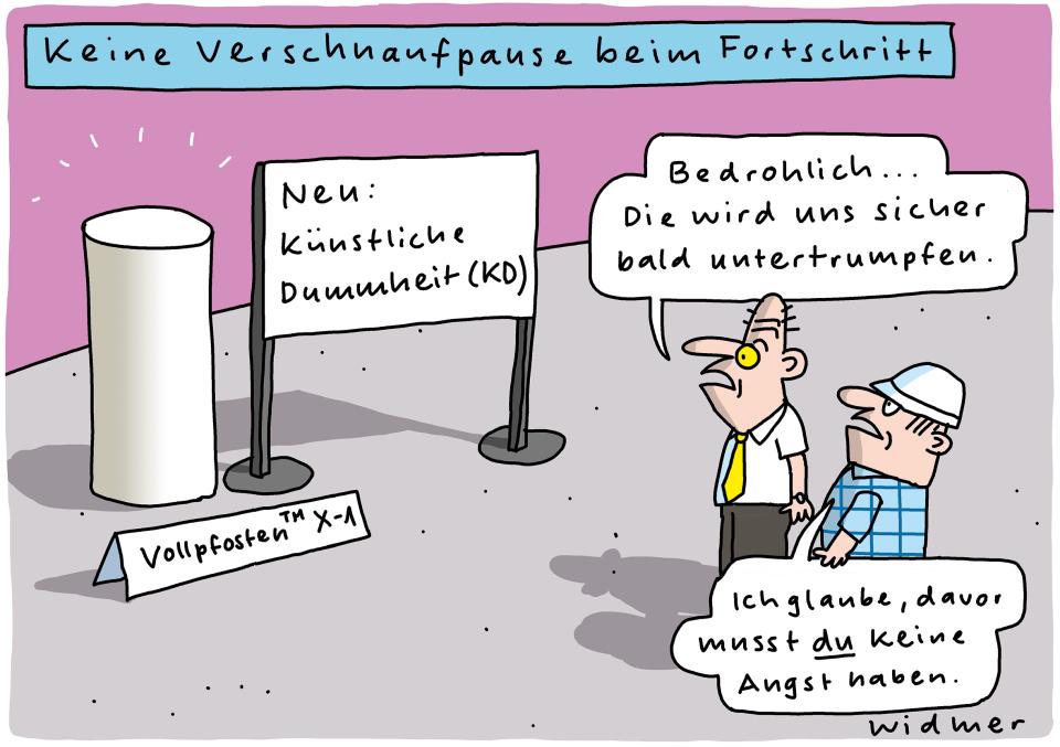 Cartoon von Ruedi Widmer zu künstlicher Dummheit (KD)