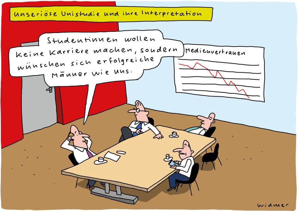 Cartoon von Ruedi Widmer zur Studie über Gleichstellung an Universitäten und Hochschulen