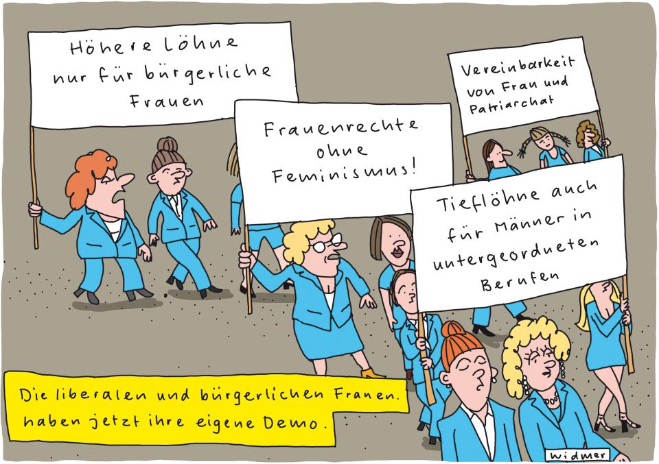 Cartoon von Ruedi Widmer zum feministischen Streik