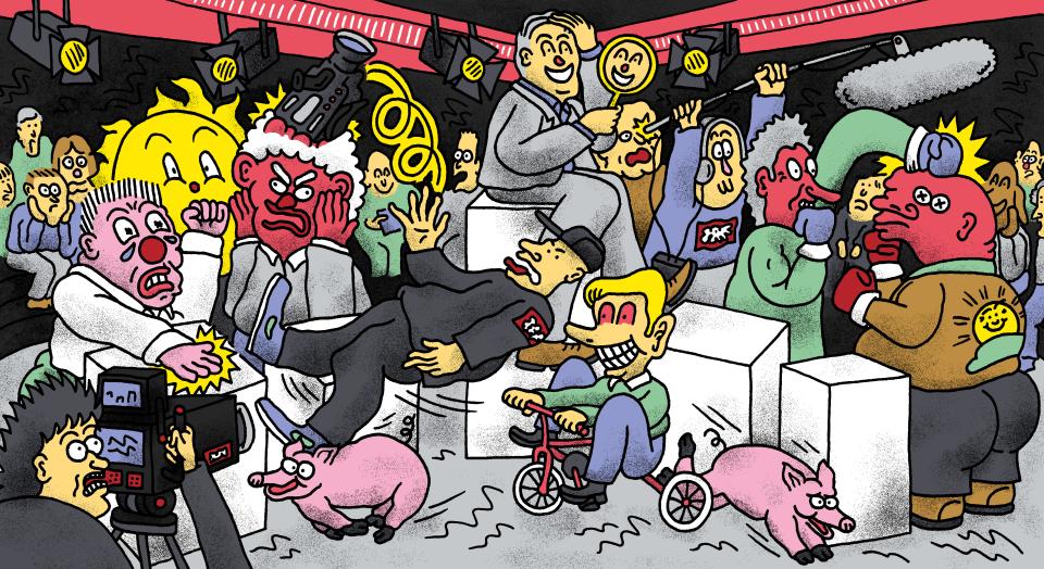 Illustration von Dario Forlin: im SRF-Aufnahmestudio
