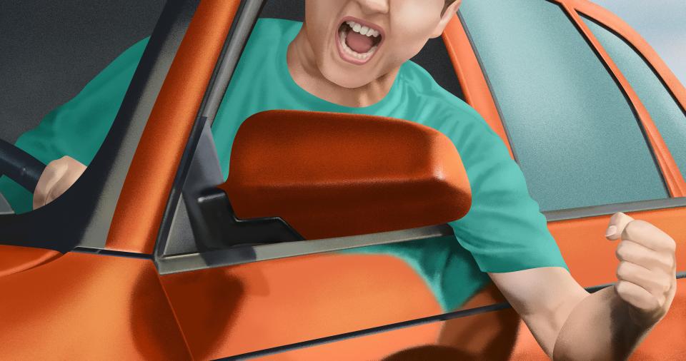 Illustration von Alina Günter: wütender Autofahrer welcher aus dem Autofenster schreit