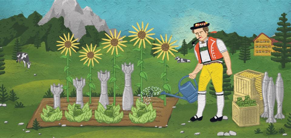 Illustration von Marcel Bamert: ein Mann in Appenzeller Tracht «pflanzt» Waffen im Garten