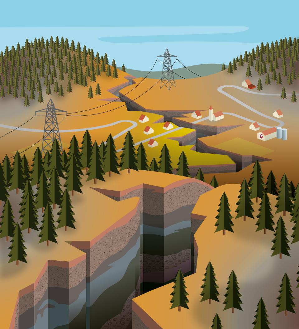 Illustration von Simon Bretscher: Landschaft mit Häusern, Stromleitungen und Erdbeben-Spalten